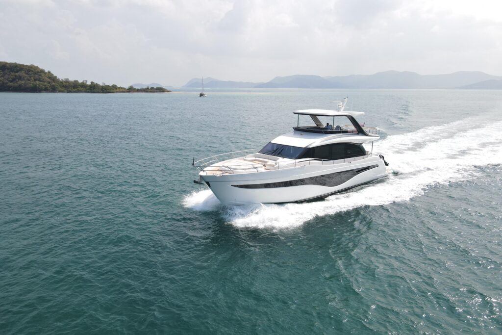 Luxurious 2023 Princess Y72 yacht cruising on open water.